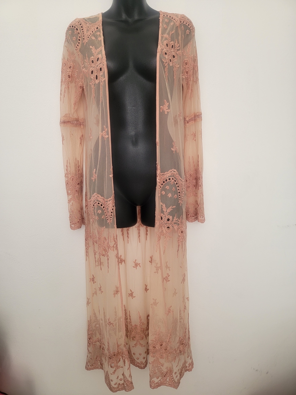 Sheer Embroidered Long Kimono Robe - Blush Pink